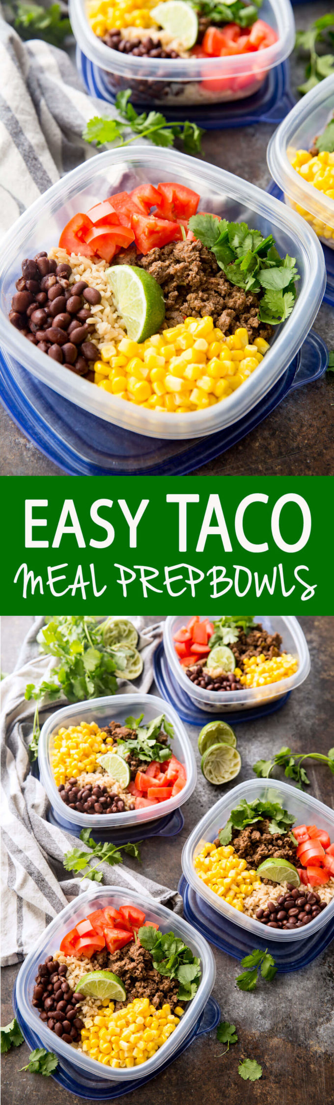 Easy Taco Meal Prep Bowls with Salsa Verde Beef and extras like corn, tomatoes, cilantro, and black beans. I swear these are better on the second day!