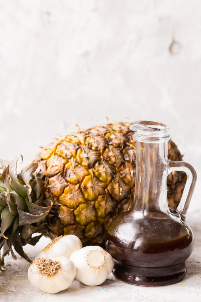 Teriyaki chicken sauce, pineapple, garlic, and a bottle of teriyaki sauce