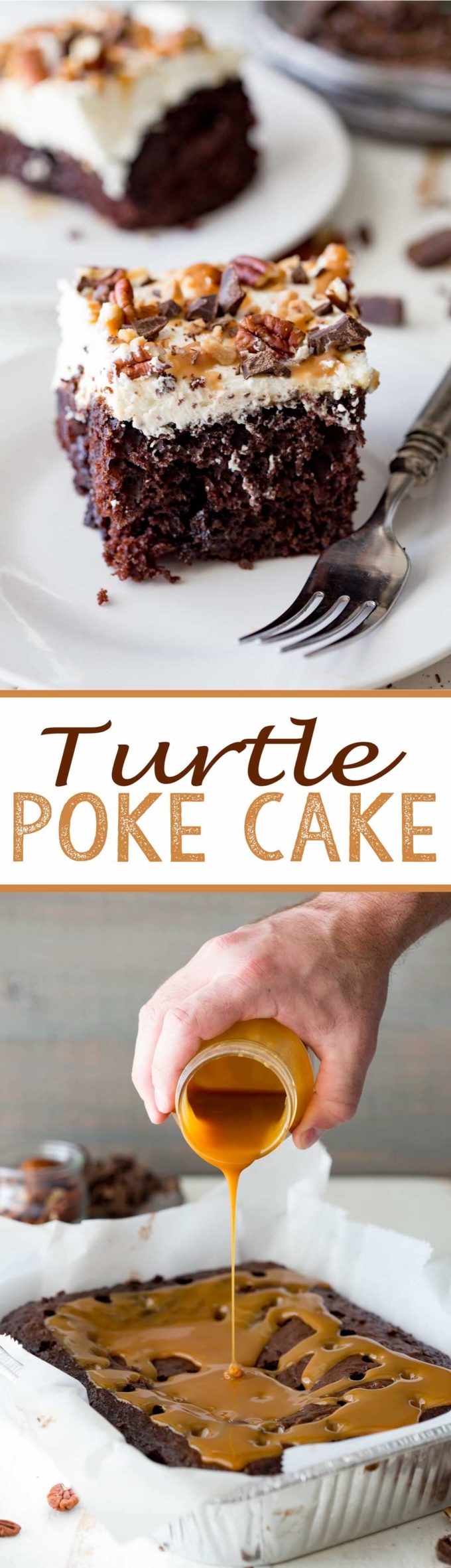Easy Turtle Poke Cake is a richly decadent chocolate cake, doused in caramel and topped with stabilized whipped cream, chocolate, pecans, and toffee bits. 