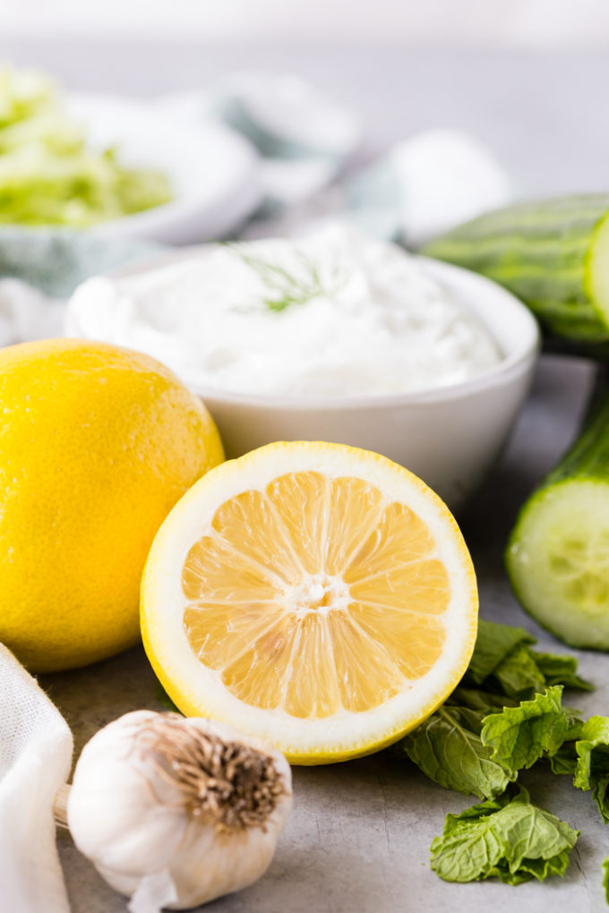 Tzatziki is a yogurt sauce with cucumber, garlic, lemon, dill, etc.