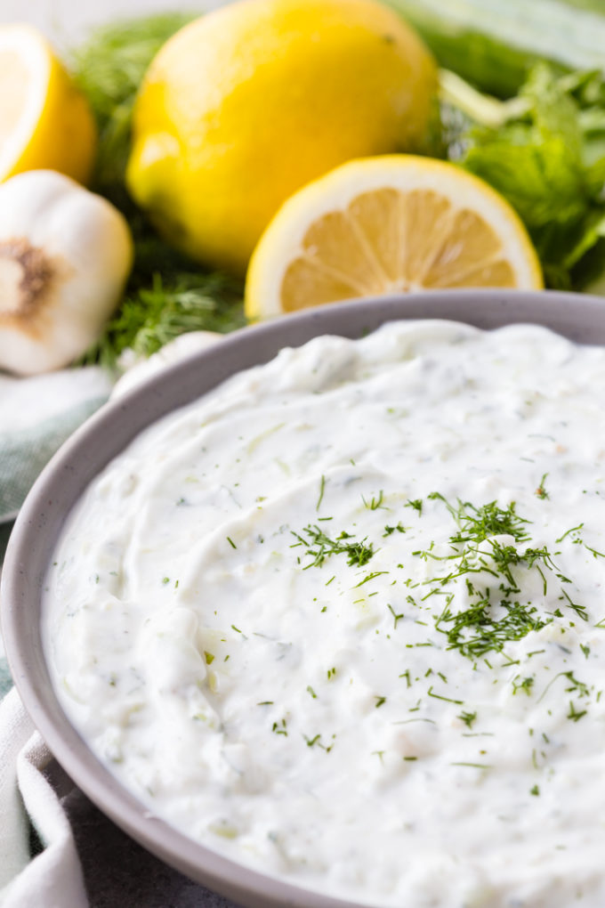 tzatziki is a yogurt dip with dill, garlic, lemon, and other delicious greek flavors, with cucumber