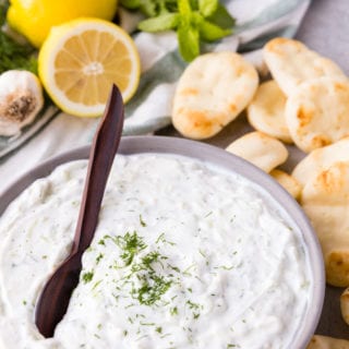 Tzatziki is a greek yogurt sauce with dippers