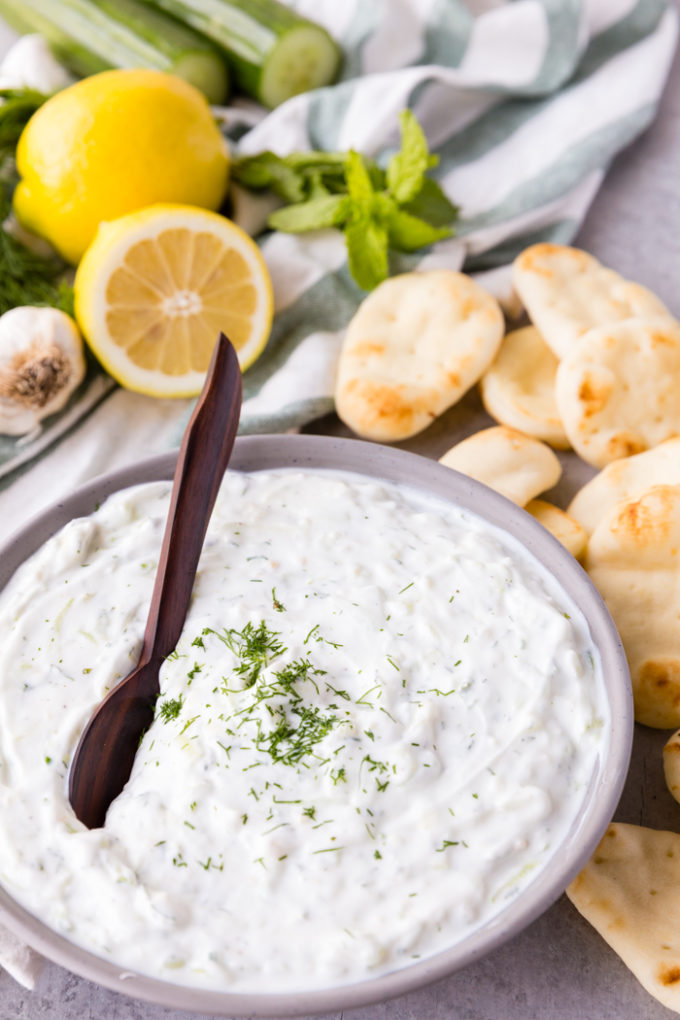 Tzatziki is a greek yogurt sauce with dippers