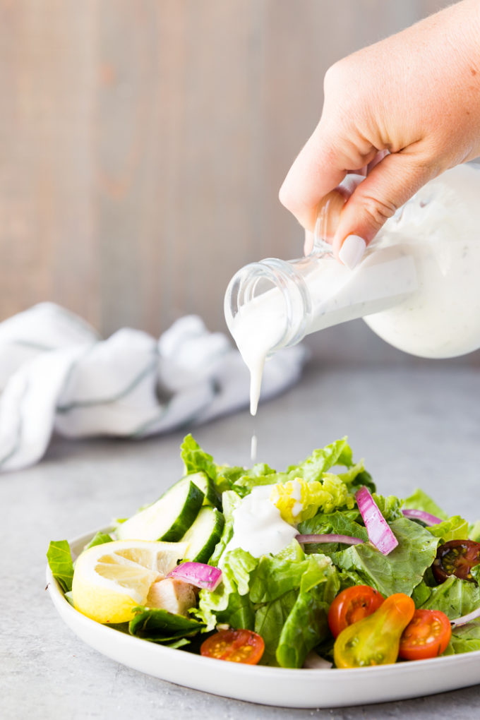 Tzatziki ranch dressing on a greek salad