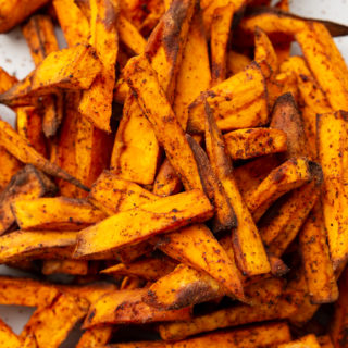 A pile of sweet potato fries that were cooked in the air fryer