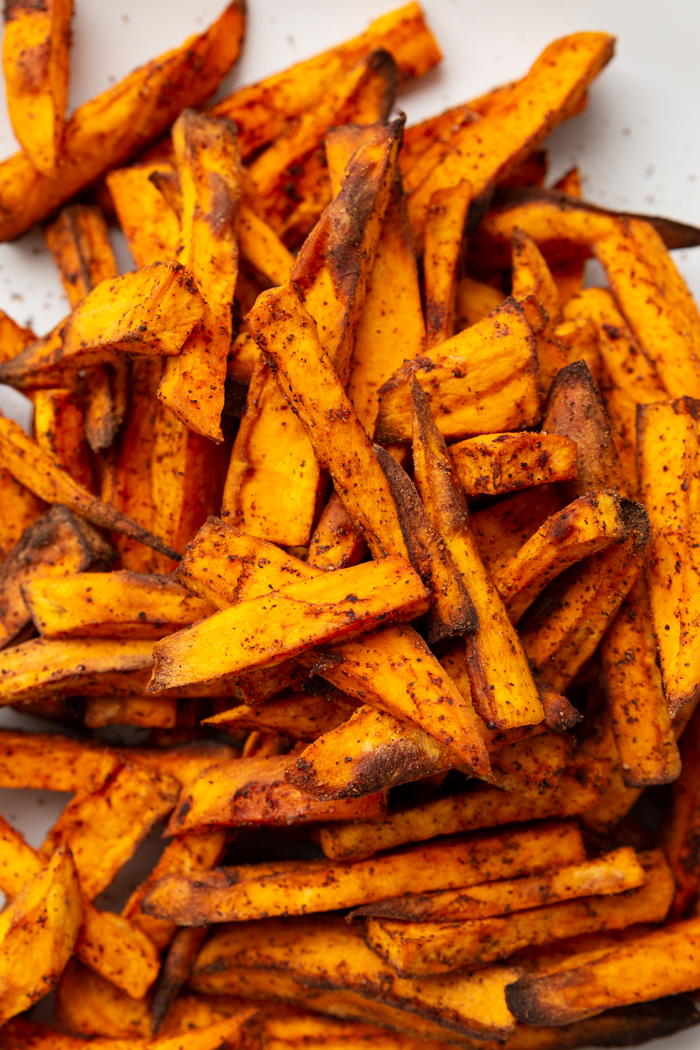 A pile of sweet potato fries that were cooked in the air fryer