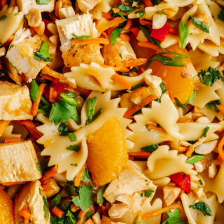A close up of the pasta, chicken, mandarins, and other ingredients in Asian Pasta Salad