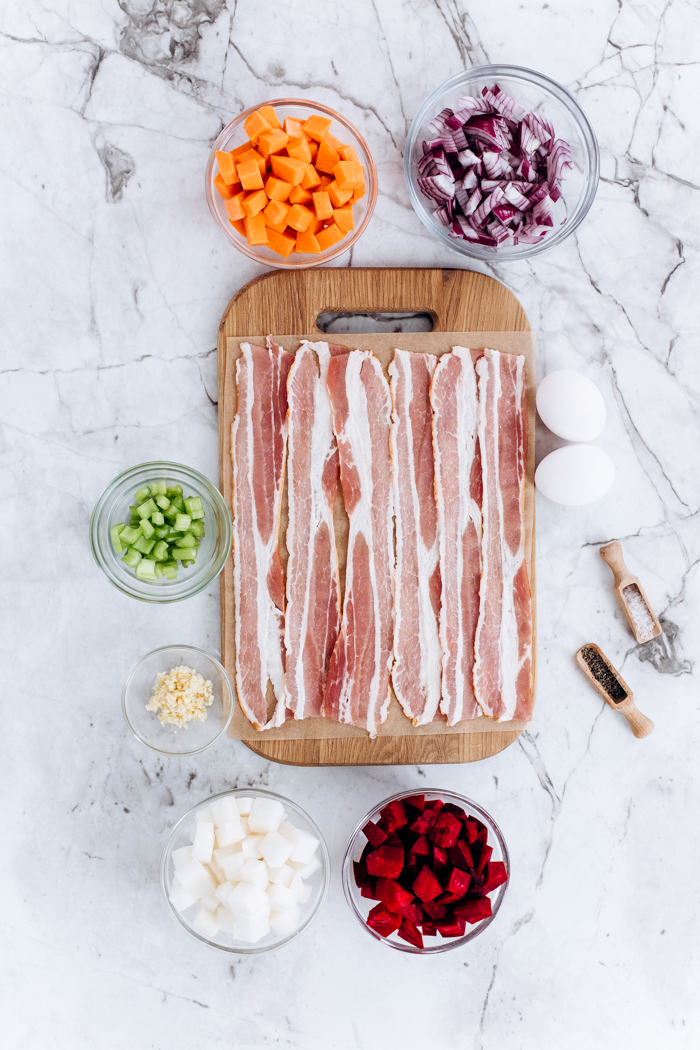 Bacon and egg veggie hash ingredients, bacon, vegetables, and seasonings