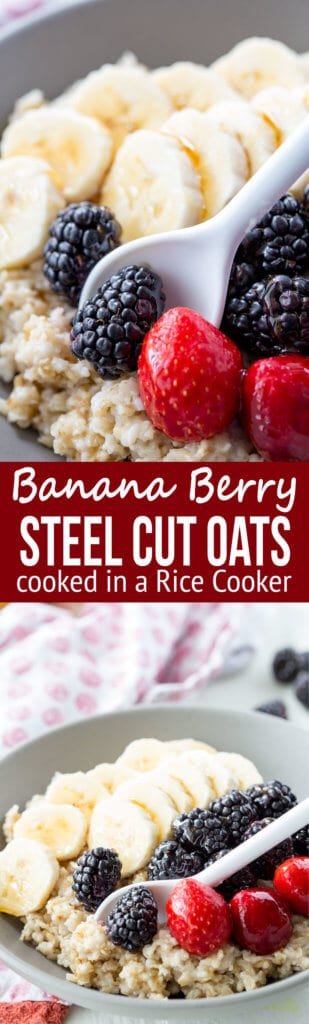 Easy Breakfast Steel Cut Oats with Berries and Bananas, cooked in a rice cooker