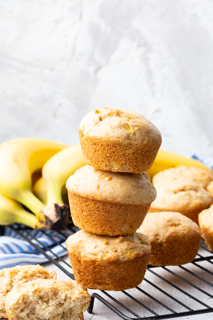 A stack of three banana bread muffins