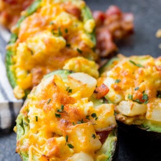 Breakfast Stuffed Avocados, avocado stuffed with eggs, bacon, and potaotes