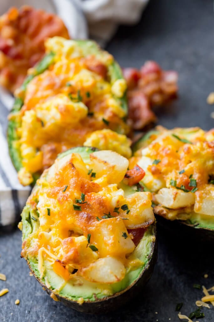 Breakfast Stuffed Avocados, avocado stuffed with eggs, bacon, and potaotes