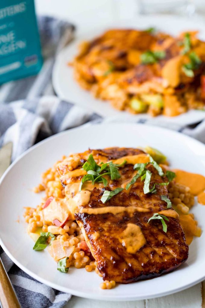 Brown sugar rubbed salmon, seared, and topped with tomato basil vinaigrette