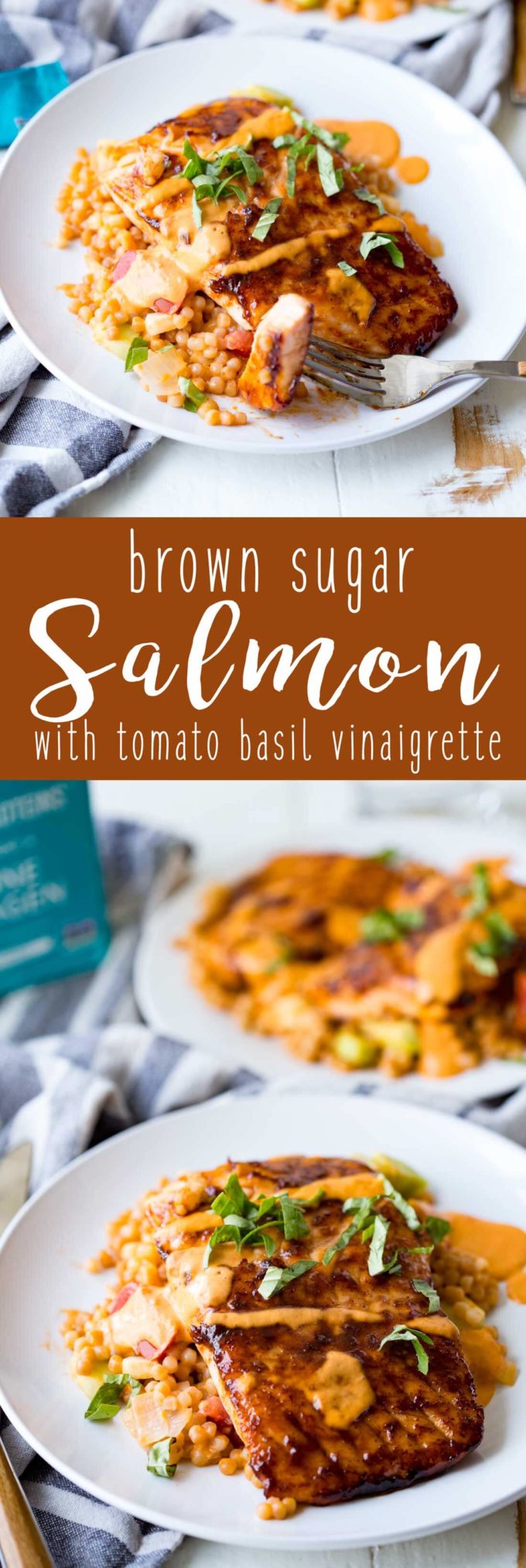 Brown sugar salmon, seared to perfection and served over a bed of cous cous and topped with tomato basil vinaigrette