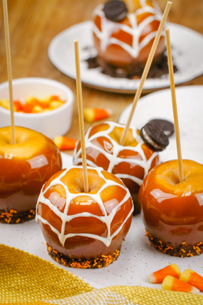 Caramel apples decorated for Halloween