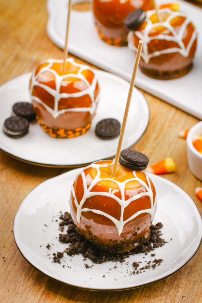 Making caramel apples, easy caramel apples, decorated for Halloween