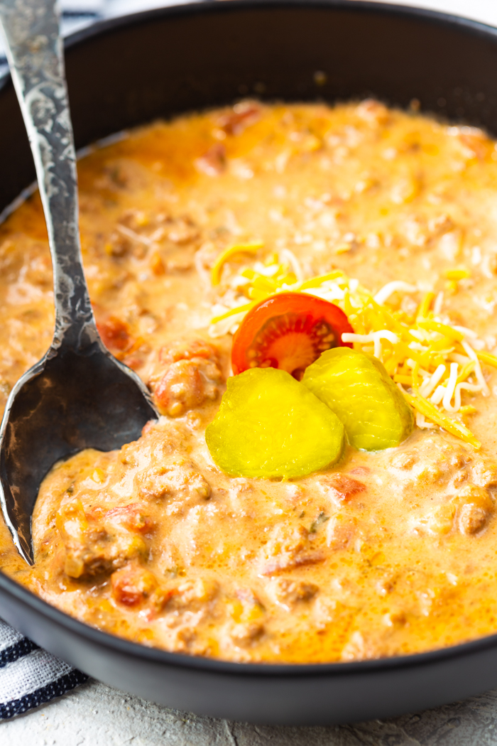 A big bowl of cheeseburger soup for a low carb diet
