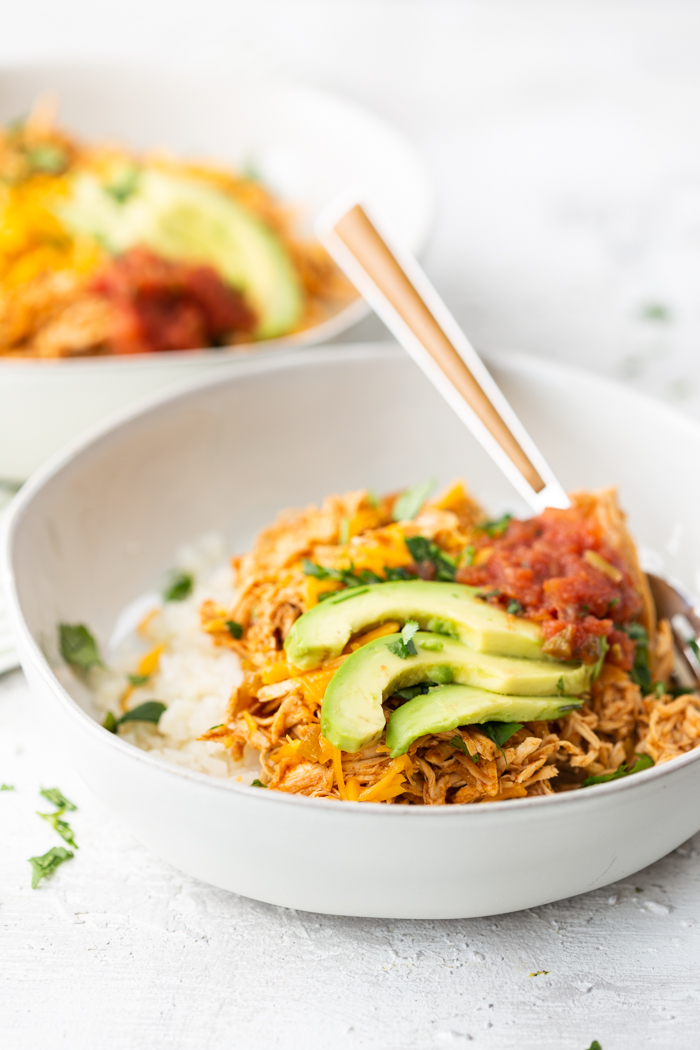 Low carb enchilada bowls, perfect for a keto friendly diet. White bowls