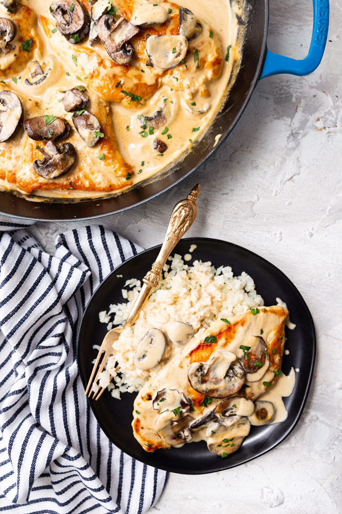 Skillet chicken marsala, a creamy sauce with mushrooms and chicken