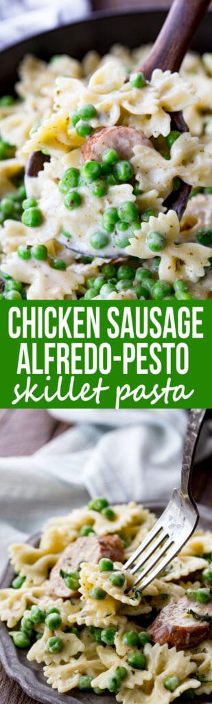 Skillet Pasta with Chicken Sausage, Alfredo Pesto and Peas