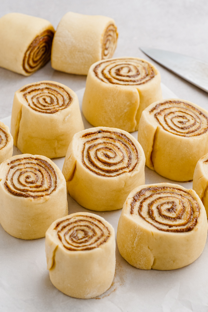Cinnamon rolls before they rise and bake.