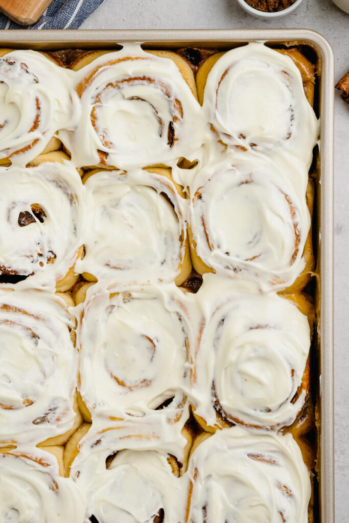 Cinnamon rolls that are frosted with a cream cheese frosting.