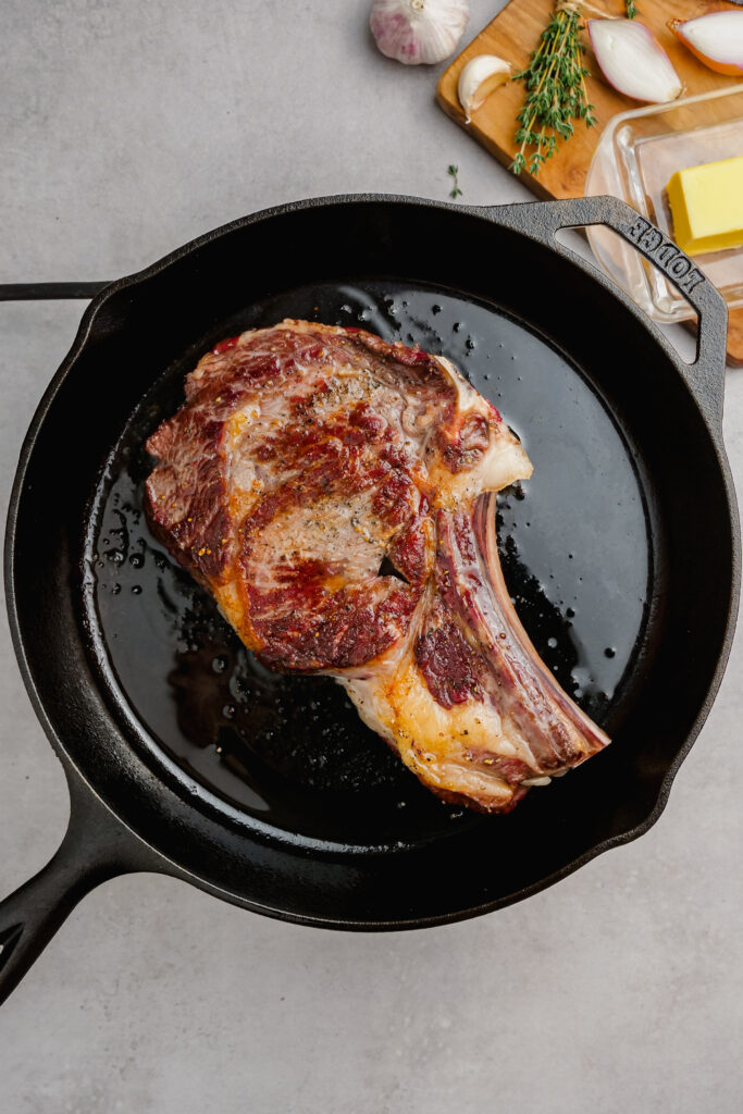 classic ribeye on a pan