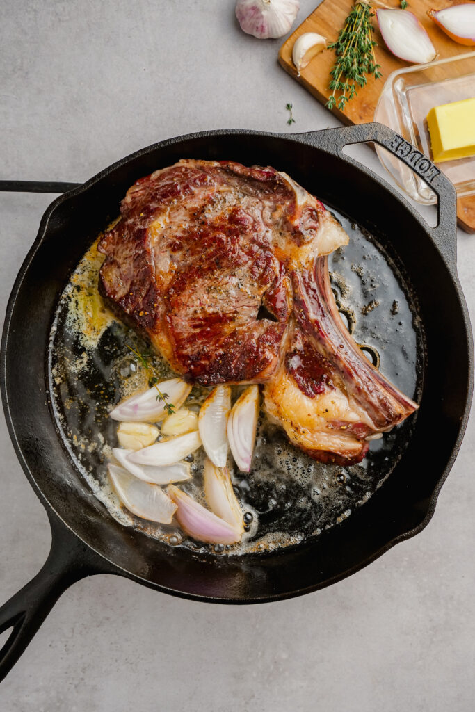 classic ribeye in a pan