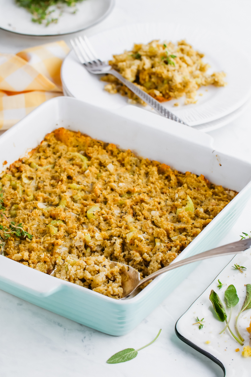 cornbread dressing in a casserole dish