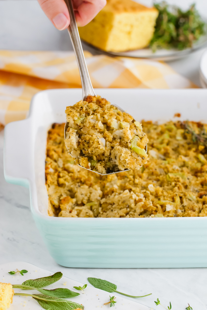 cornbread dressing in a casserole dish