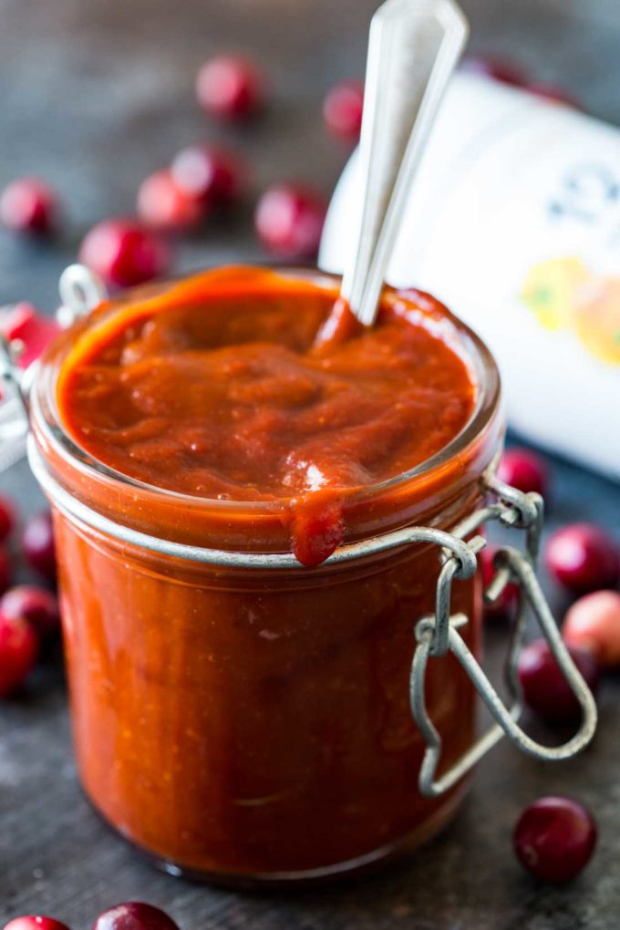 Cranberry BBQ sauce is great on chicken, shrimp, or beef, and is the perfect seasonal sauce