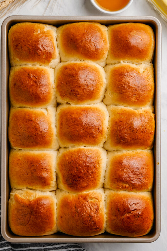 Dinner rolls in a baking sheet, golden brown on top, and light and fluffy on the inside. 