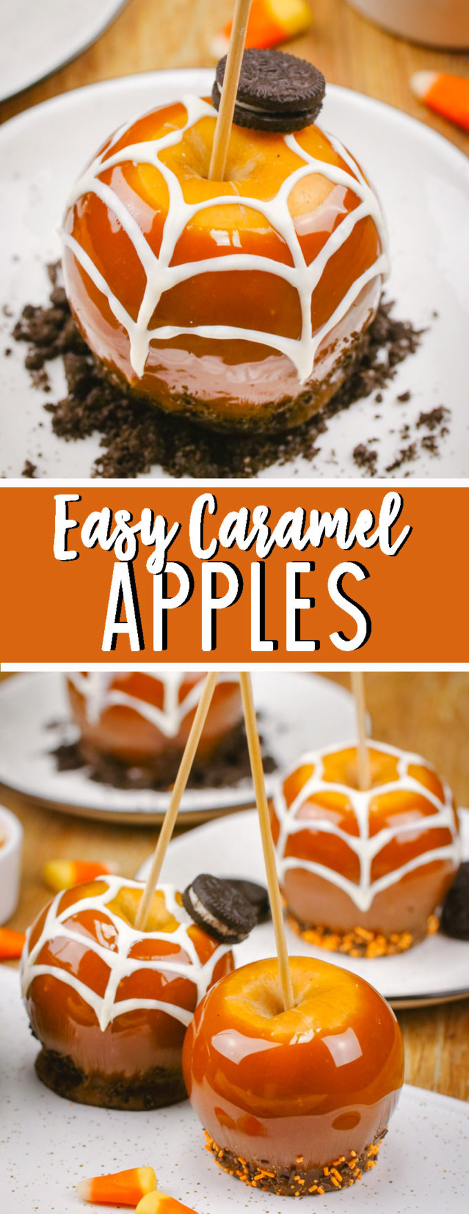 Making easy caramel apples, decorated for Halloween with spider webs