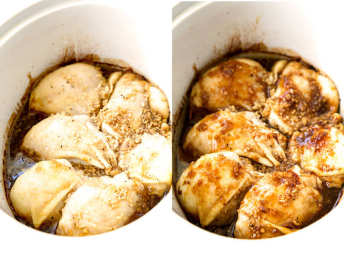 Garlic Lime Chicken in crockpot sitting in marinade while cooking.