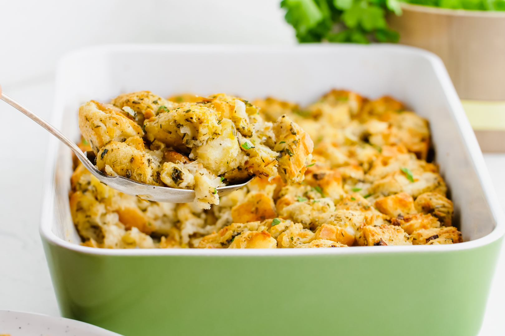 stuffing in a casserole dish