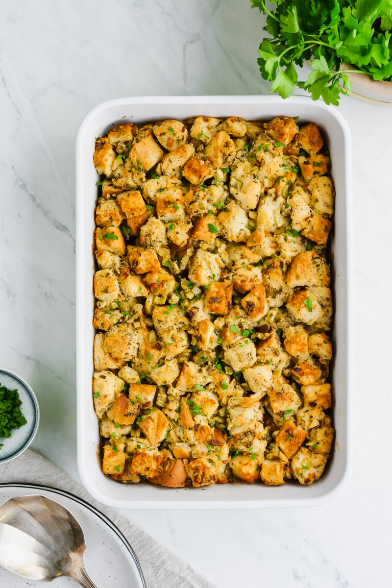 stuffing in a casserole dish