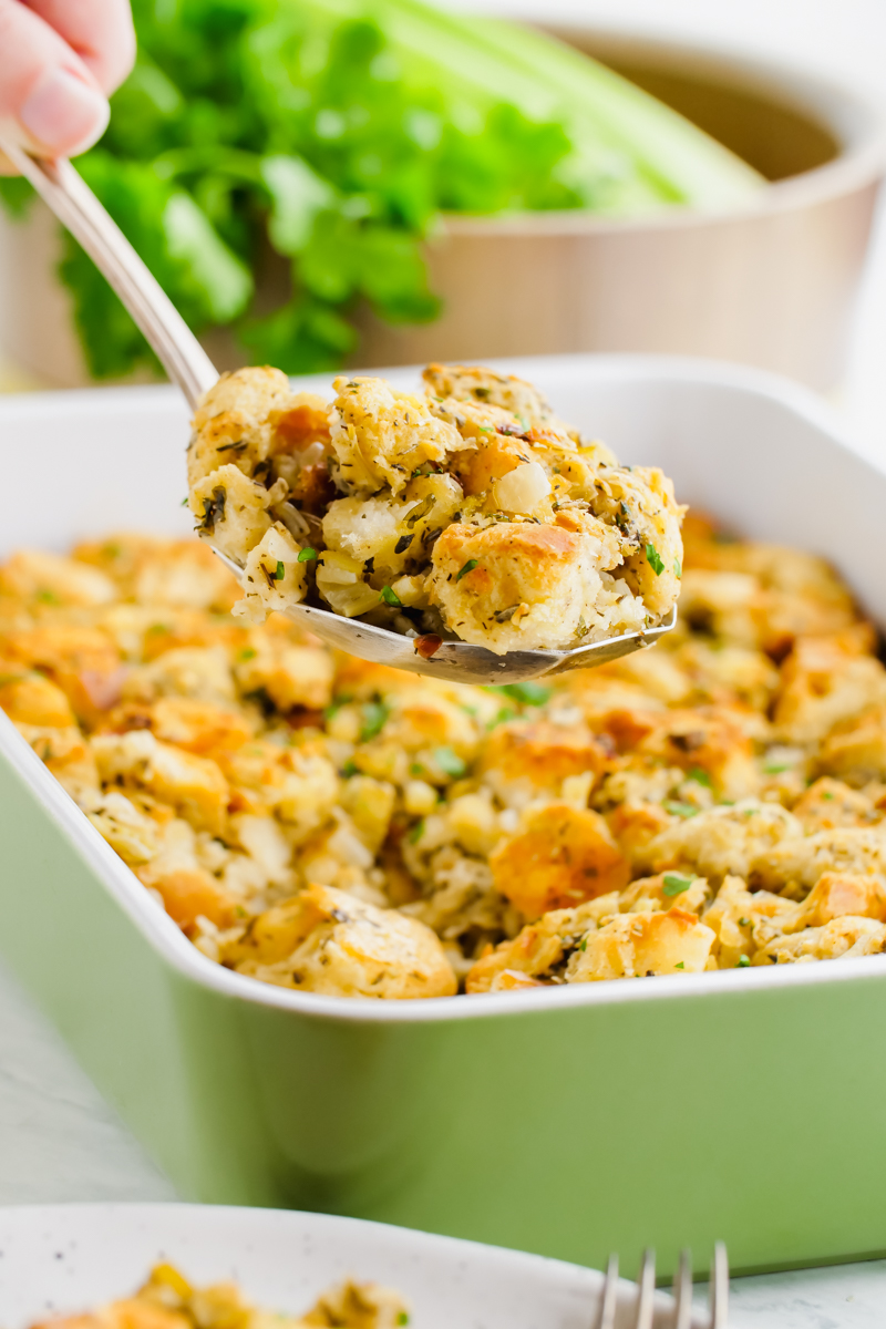 stuffing in a casserole dish