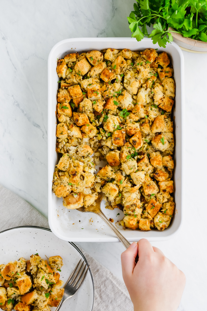 stuffing in a casserole dish 