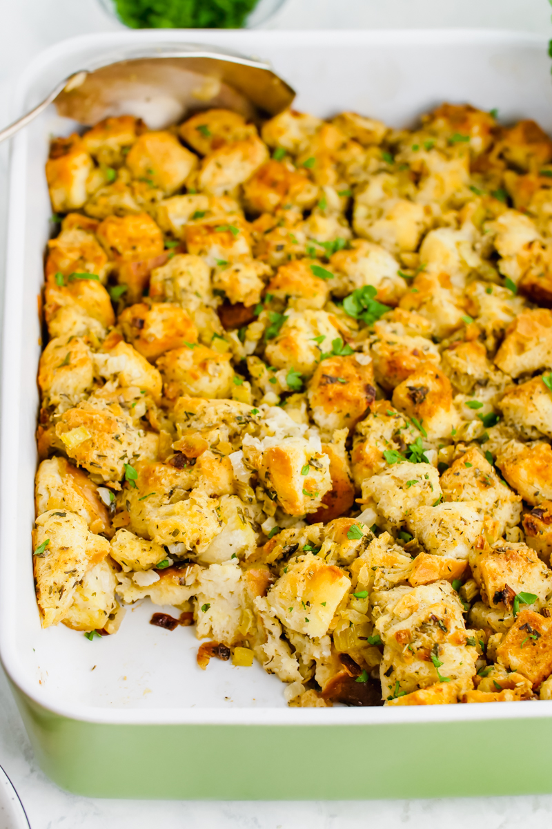 stuffing in a casserole dish