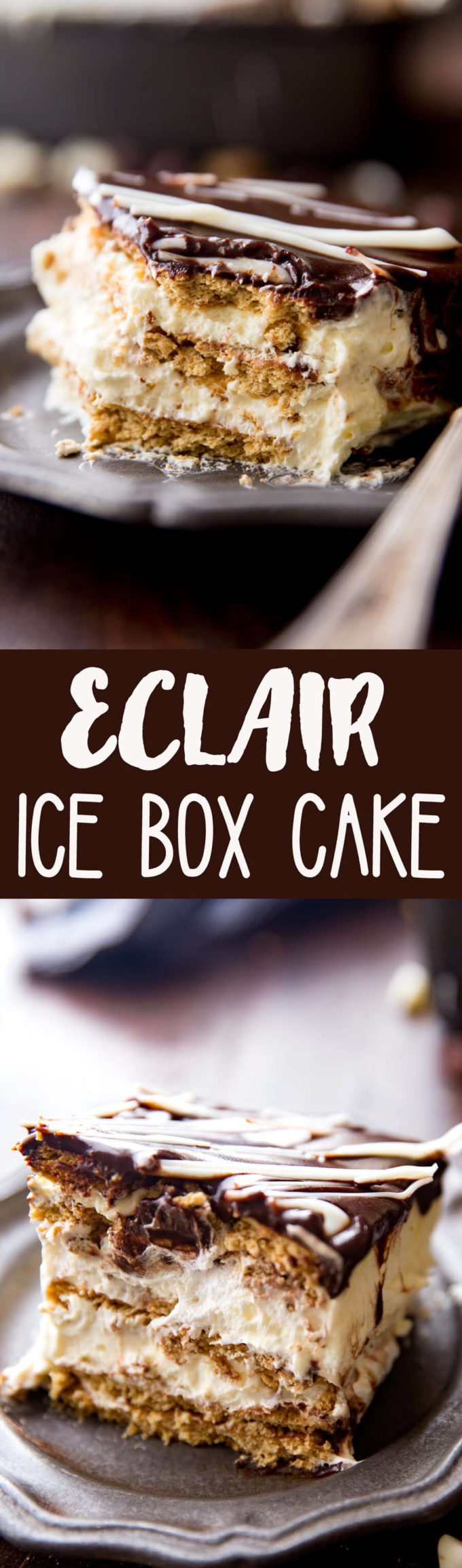 Simple Eclair Ice Box Cake: No baking, no fuss, this easy ice box cake is absolutely delicious and just so fun. Rich chocolate topping, fun vanilla custardy center, and graham crackers. It tastes like an eclair in cake form! And is way easier than baking eclairs.