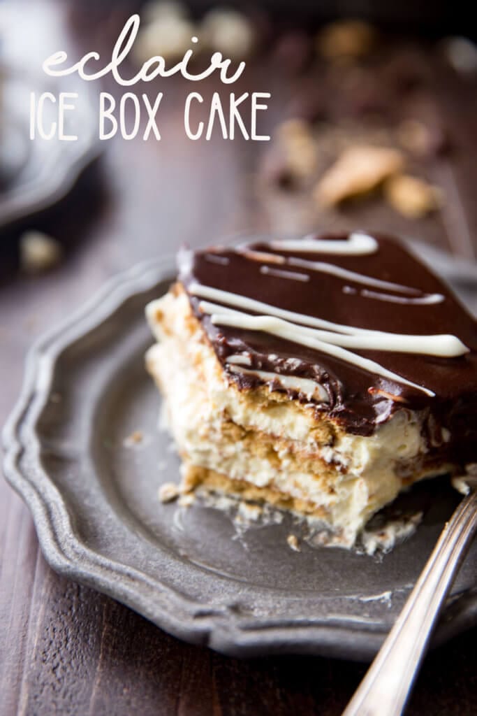 Simple Eclair Ice Box Cake: No baking, no fuss, this easy ice box cake is absolutely delicious and just so fun. Rich chocolate topping, fun vanilla custardy center, and graham crackers. It tastes like an eclair in cake form! And is way easier than baking eclairs.