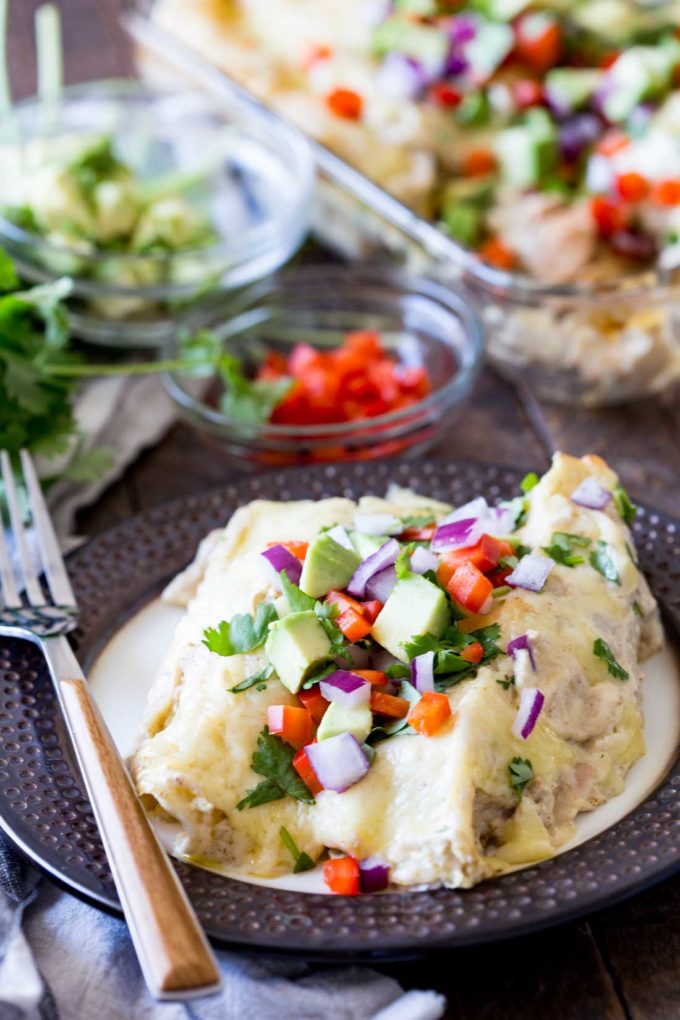 Easy, creamy, green chili turkey and egg enchiladas