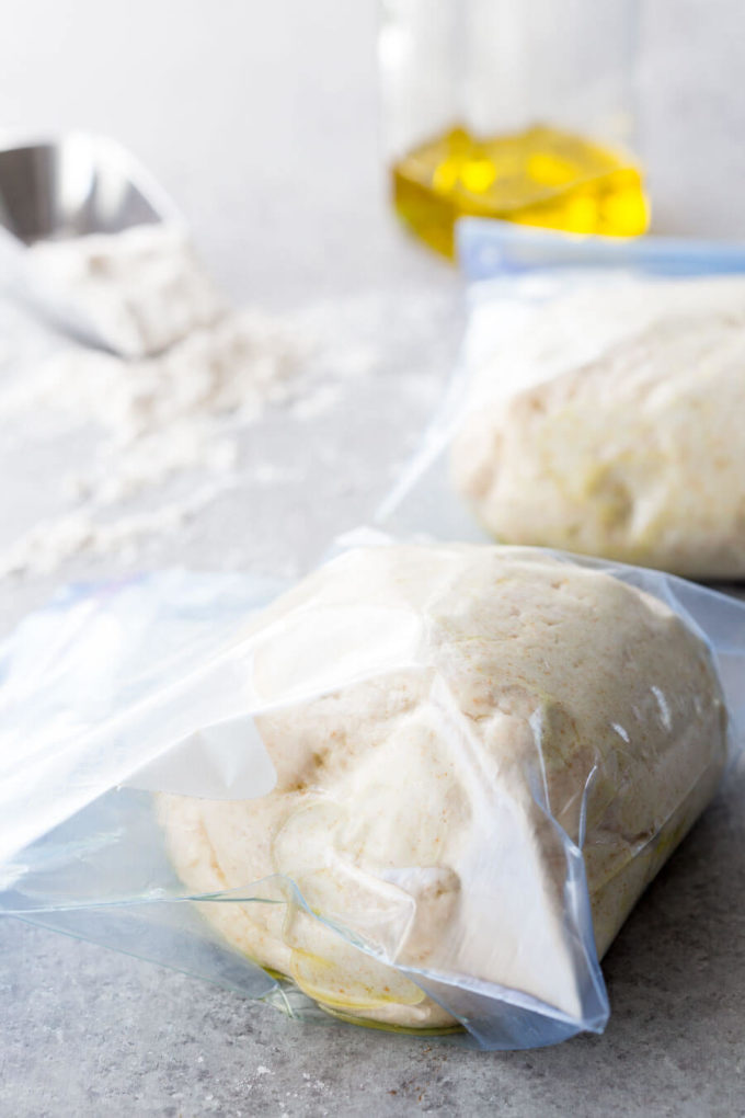 Freezer Pizza Dough, an easy to make pizza dough that can be made ahead and frozen in dough form.