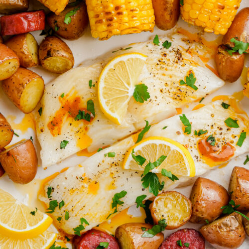 Roasted halibut sheet pan meal