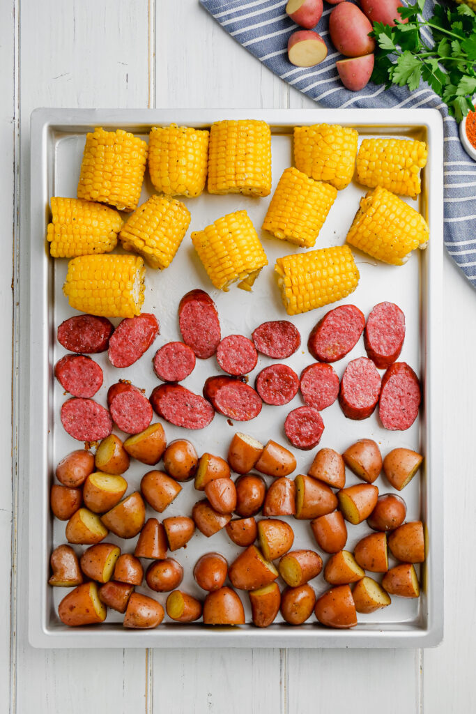 Roasting veggies on a sheet pan. 