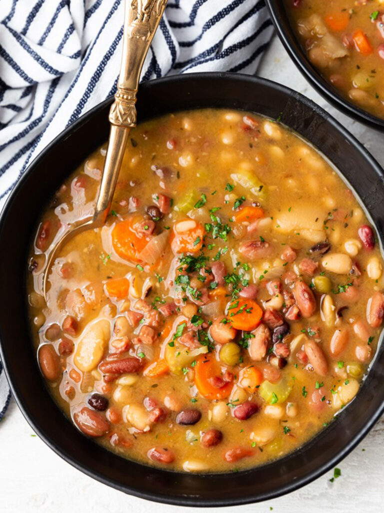 Ham and bean soup made with a 16 bean soup mix and a ham hock