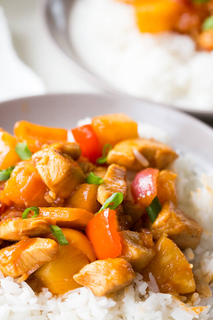 Hawaiian Chicken is a deliciously sweet and tangy sauce served over chicken and peppers and pineapple