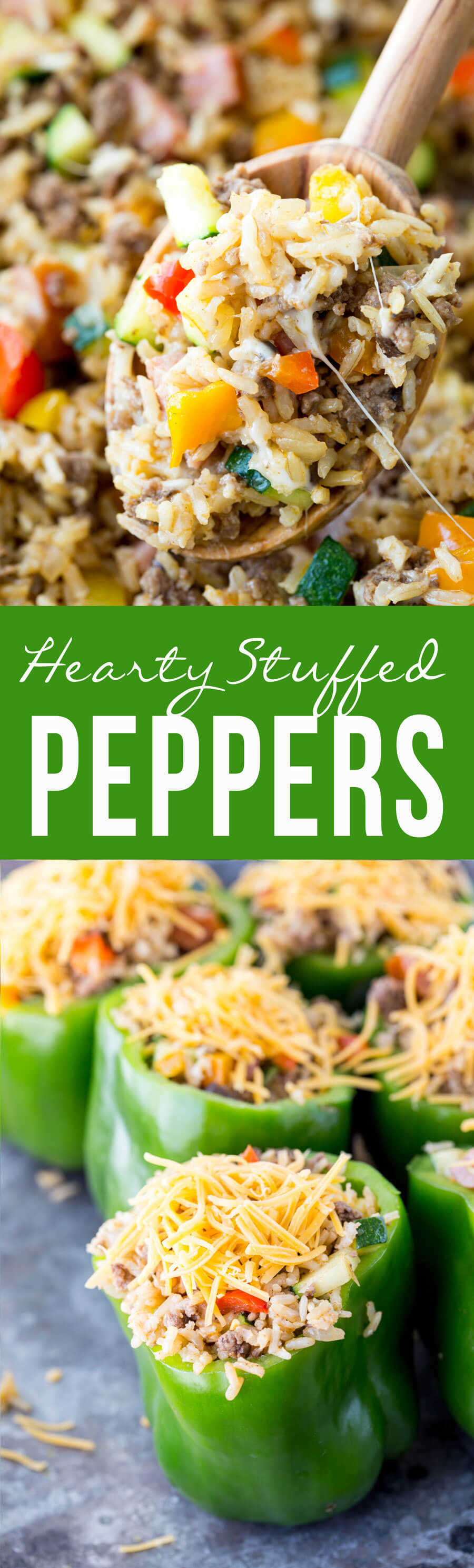 Hearty stuffed peppers are loaded with sausage, beef, veggies and brown rice