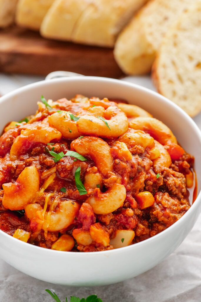 A white bowl with American Goulash