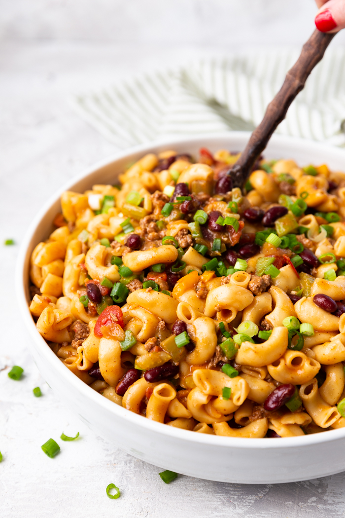 Instant Pot Chili Mac, a comfort food mash up of chili and mac and cheese. 